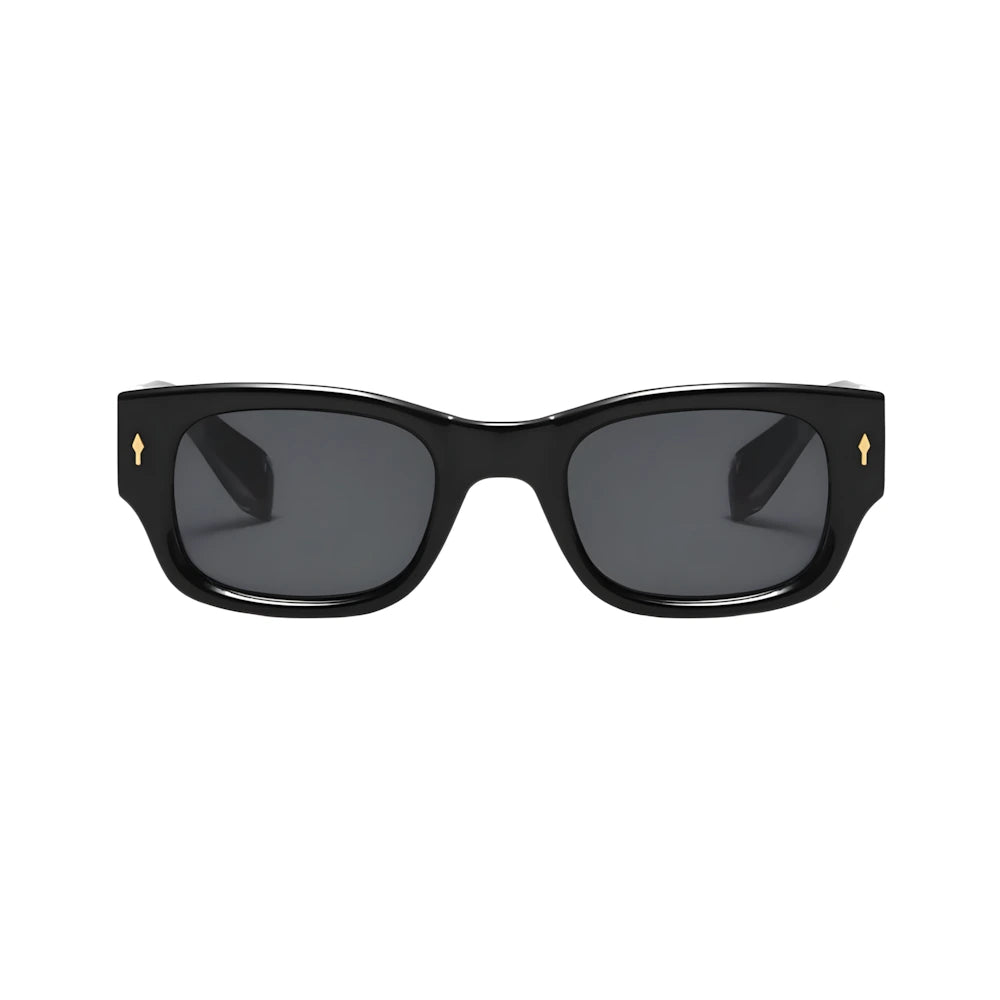 Bold rectangular acetate sunglasses with black frame and black polarized lenses, front view — HARO Cinque Terre Manarola