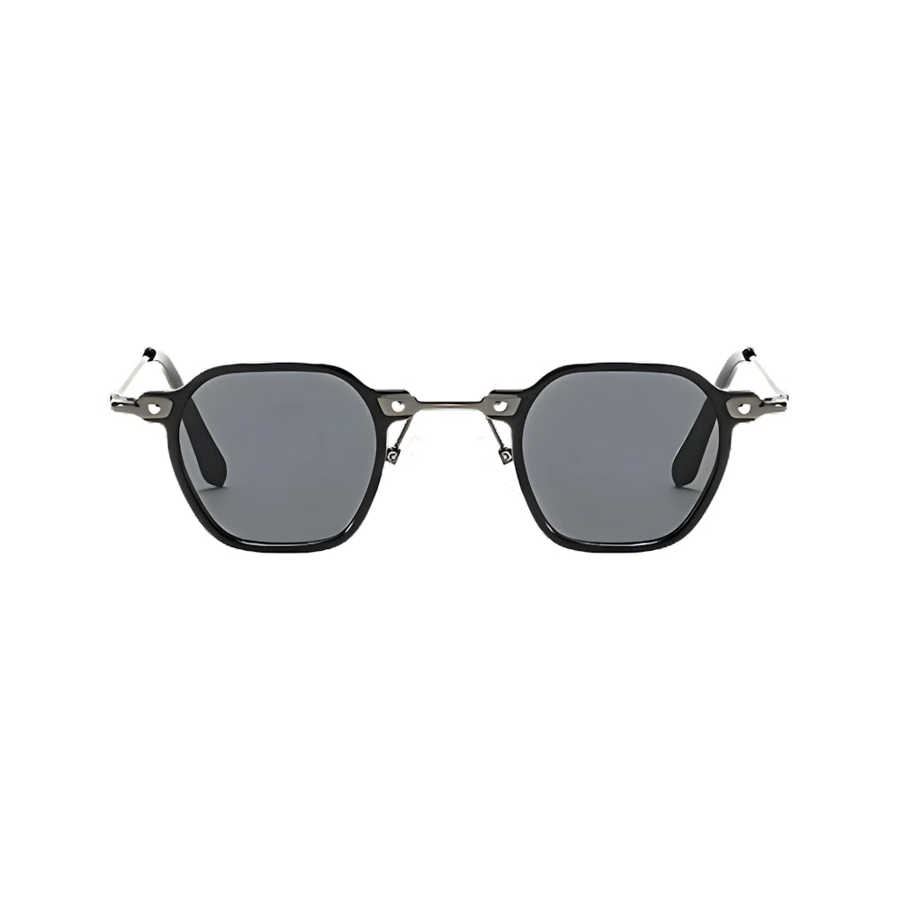Small hexagonal metal sunglasses with black frame and black polarized lenses, front view — HARO Porto Cervo