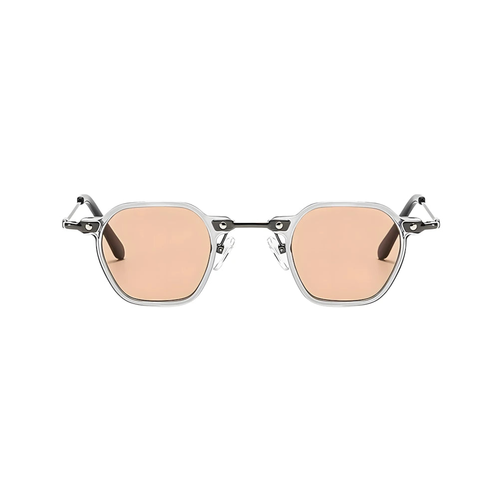Small hexagonal metal sunglasses with crystal frame and orange polarized lenses, front view — HARO Porto Cervo
