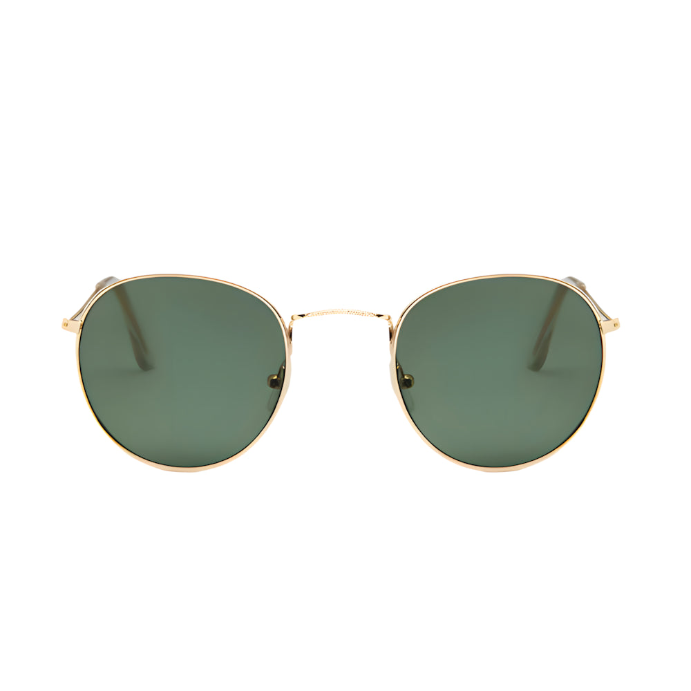 Thin round metal sunglasses with gold frame and green polarized lenses, front view — HARO Portovenere 1952