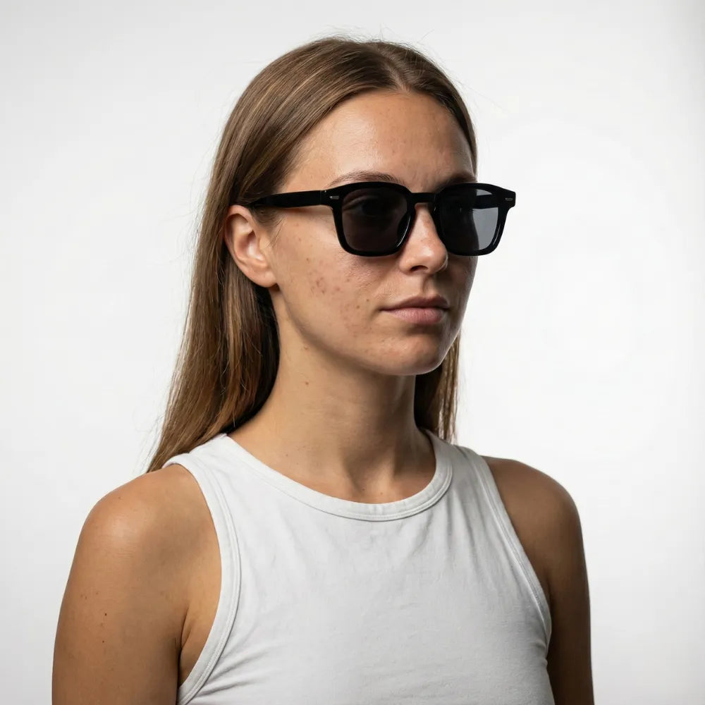 Square acetate sunglasses, close-up detail — HARO Positano Fornillo