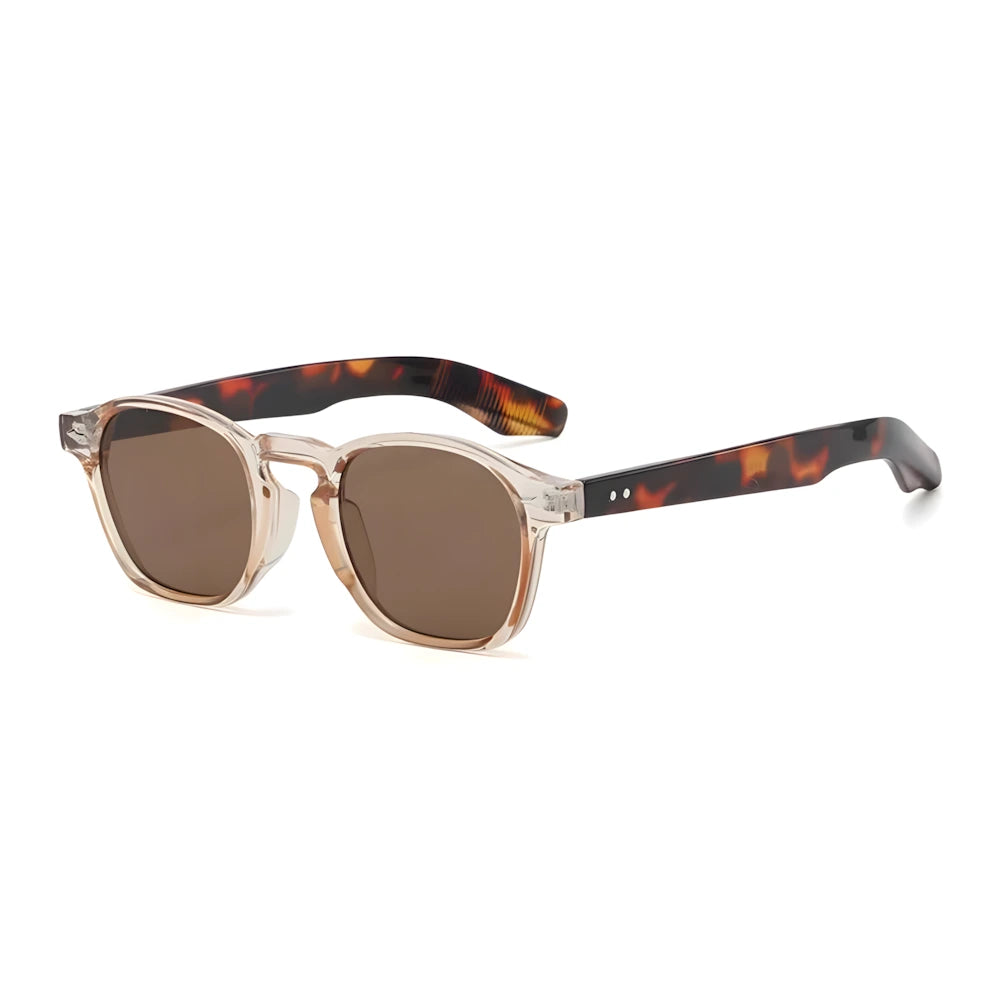 Oversized square sunglasses with champagne frame and brown lenses, side angle — HARO Riviera 1962