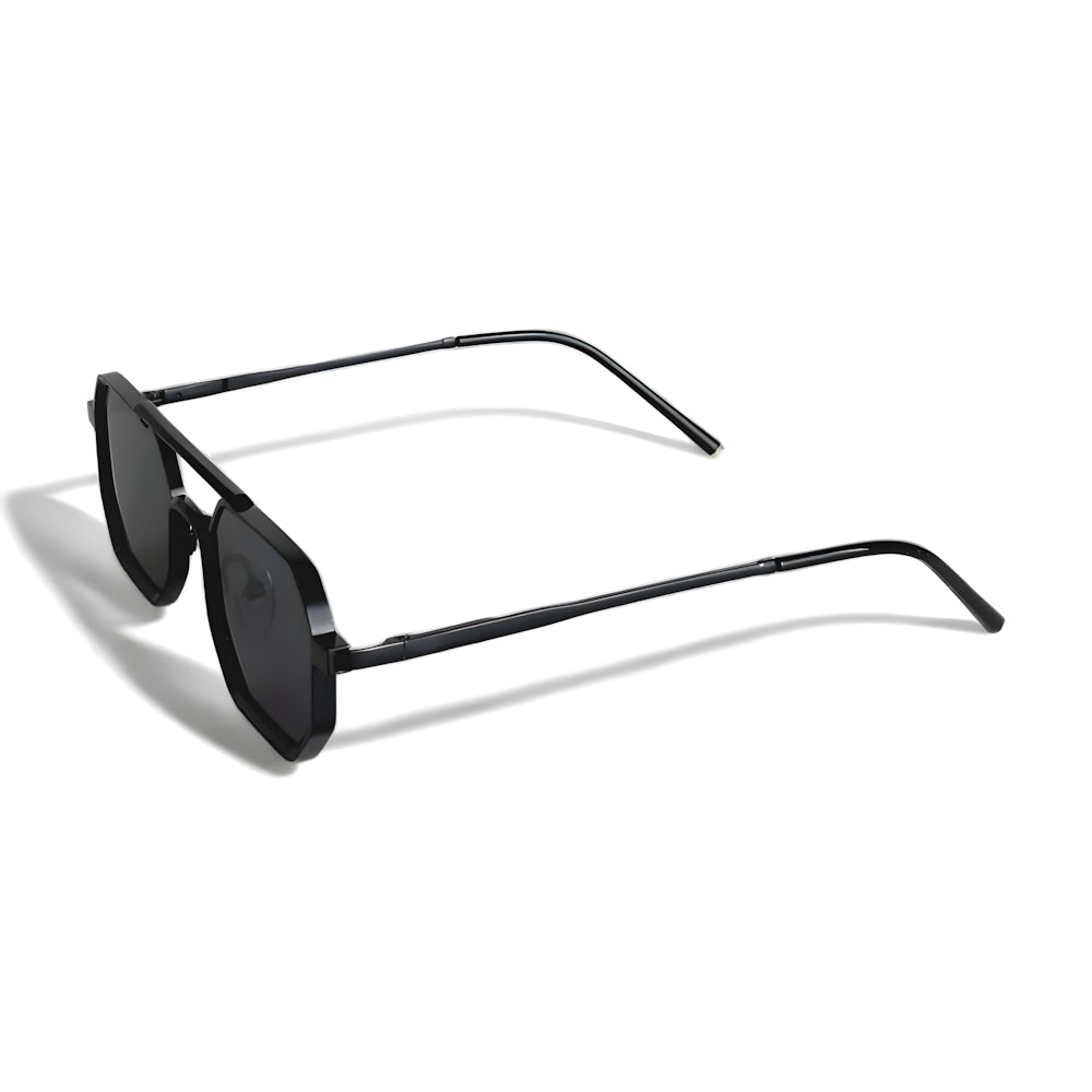 Hexagonal aviator sunglasses with black frame and black lenses, side angle — HARO Sorrento Grand Tour