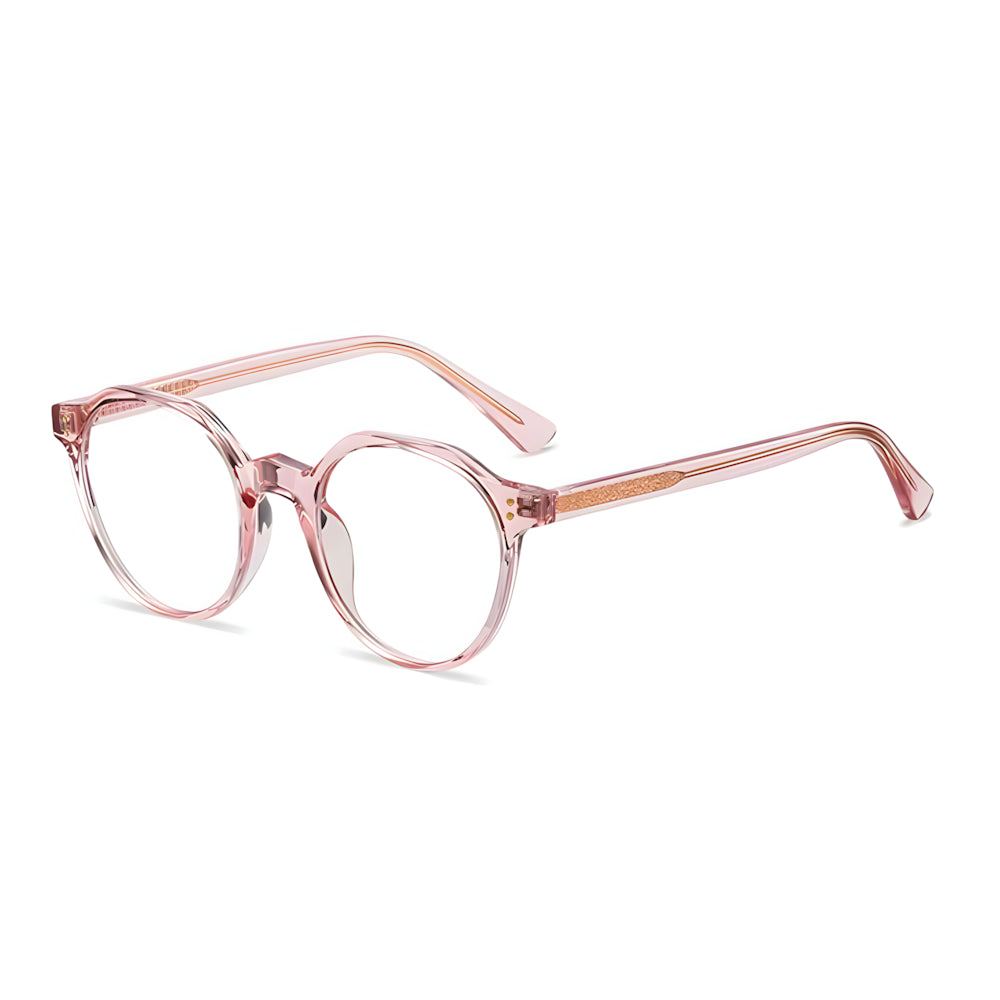 Narrow blue-light glasses with rose/gold frame, side angle — HARO St. Moritz '19