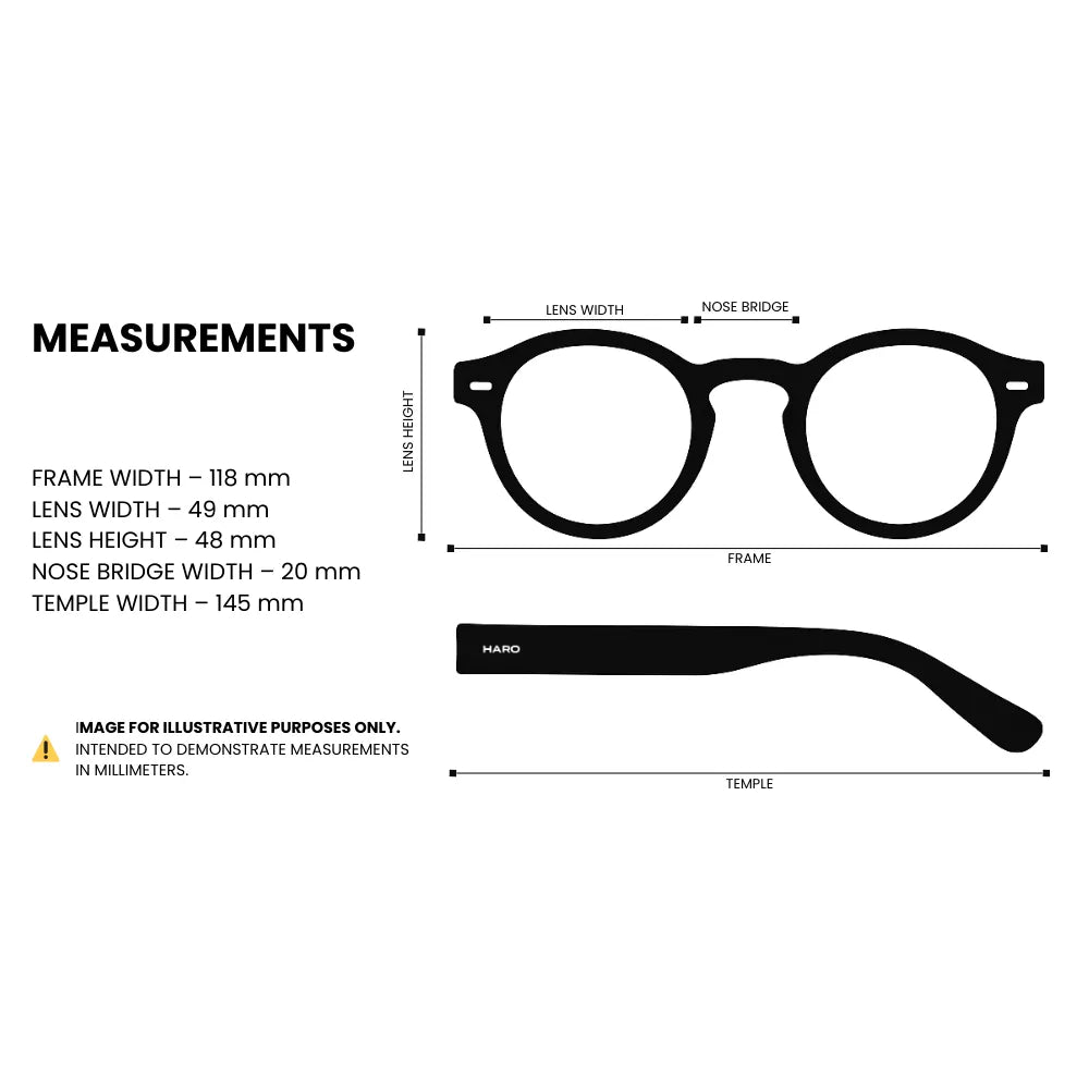 Narrow blue-light glasses measurements: frame width 118mm, lens width 49mm, lens height 48mm, nose bridge 20mm, temple length 142mm — HARO St. Moritz '19