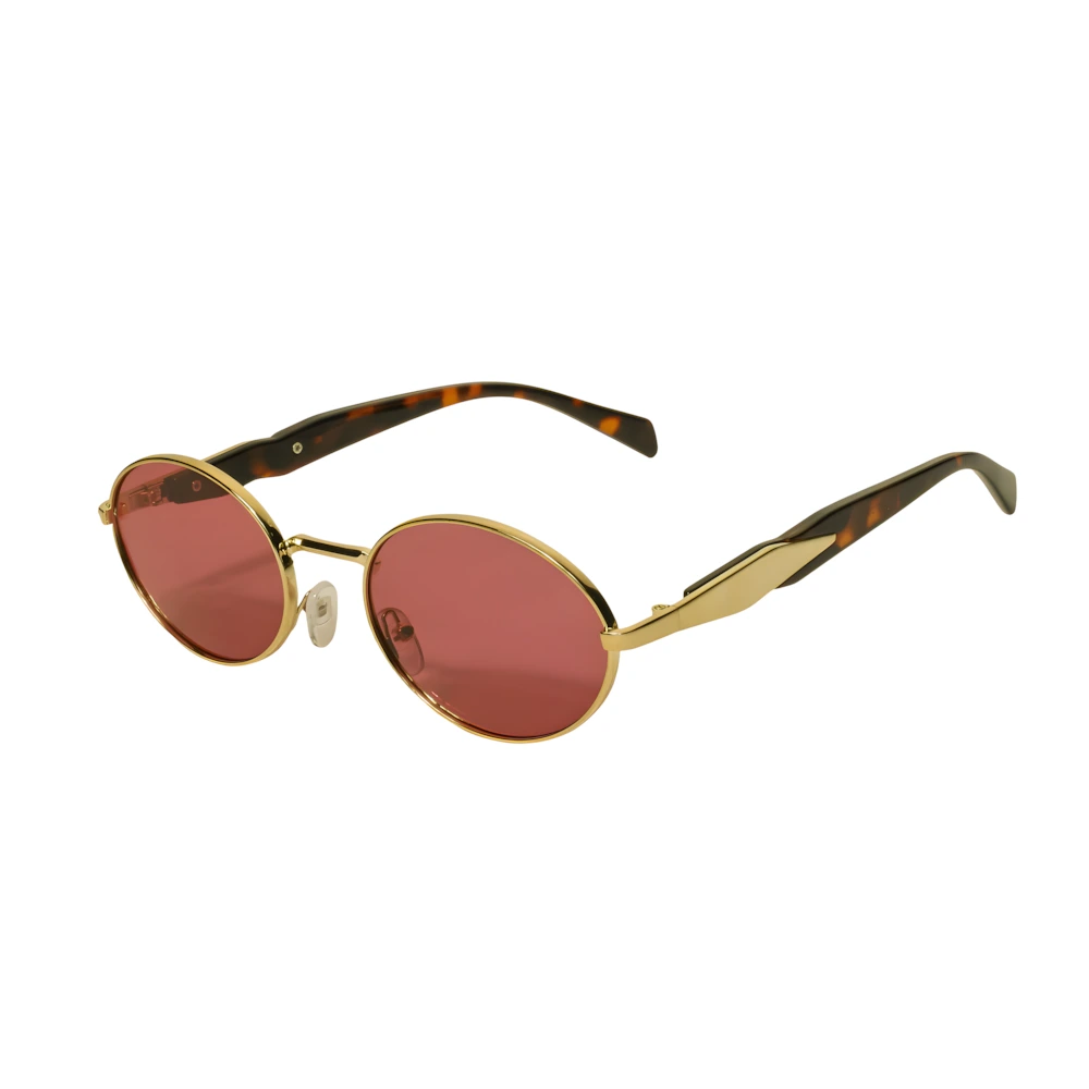 Double bridge round sunglasses with gold frame and pink lenses, side angle — HARO Villefranche Rade