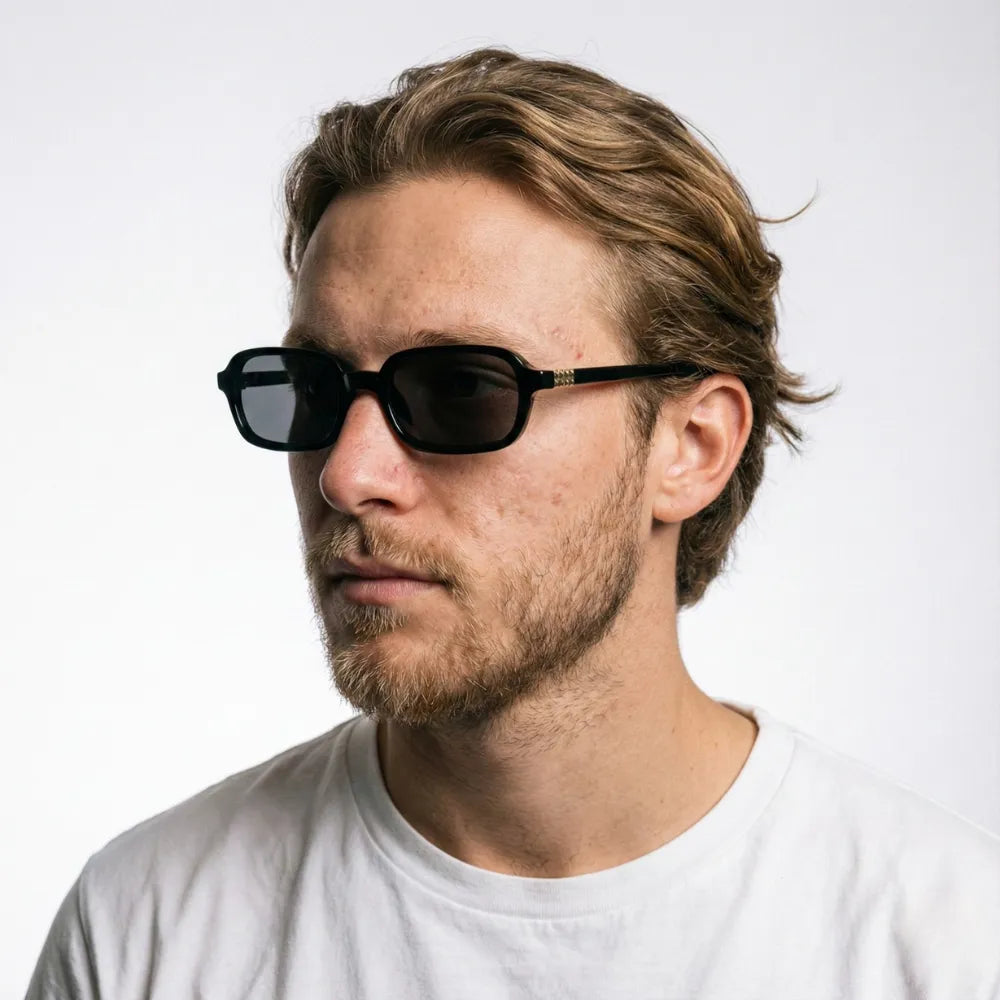 Rectangular acetate sunglasses, close-up detail — HARO Amalfi Sails