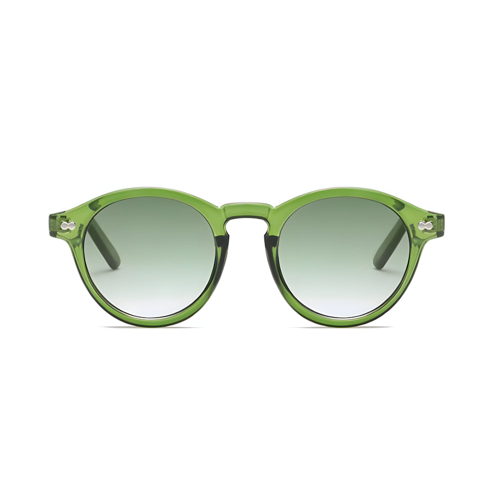 Round acetate sunglasses with green frame and green polarized lenses, front view — HARO Bordighera Liguria