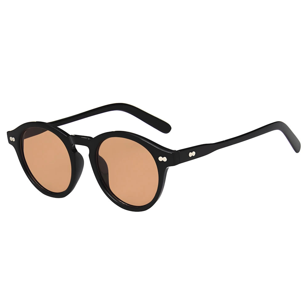 Round sunglasses with black frame and orange lenses, side angle — HARO Bordighera Liguria
