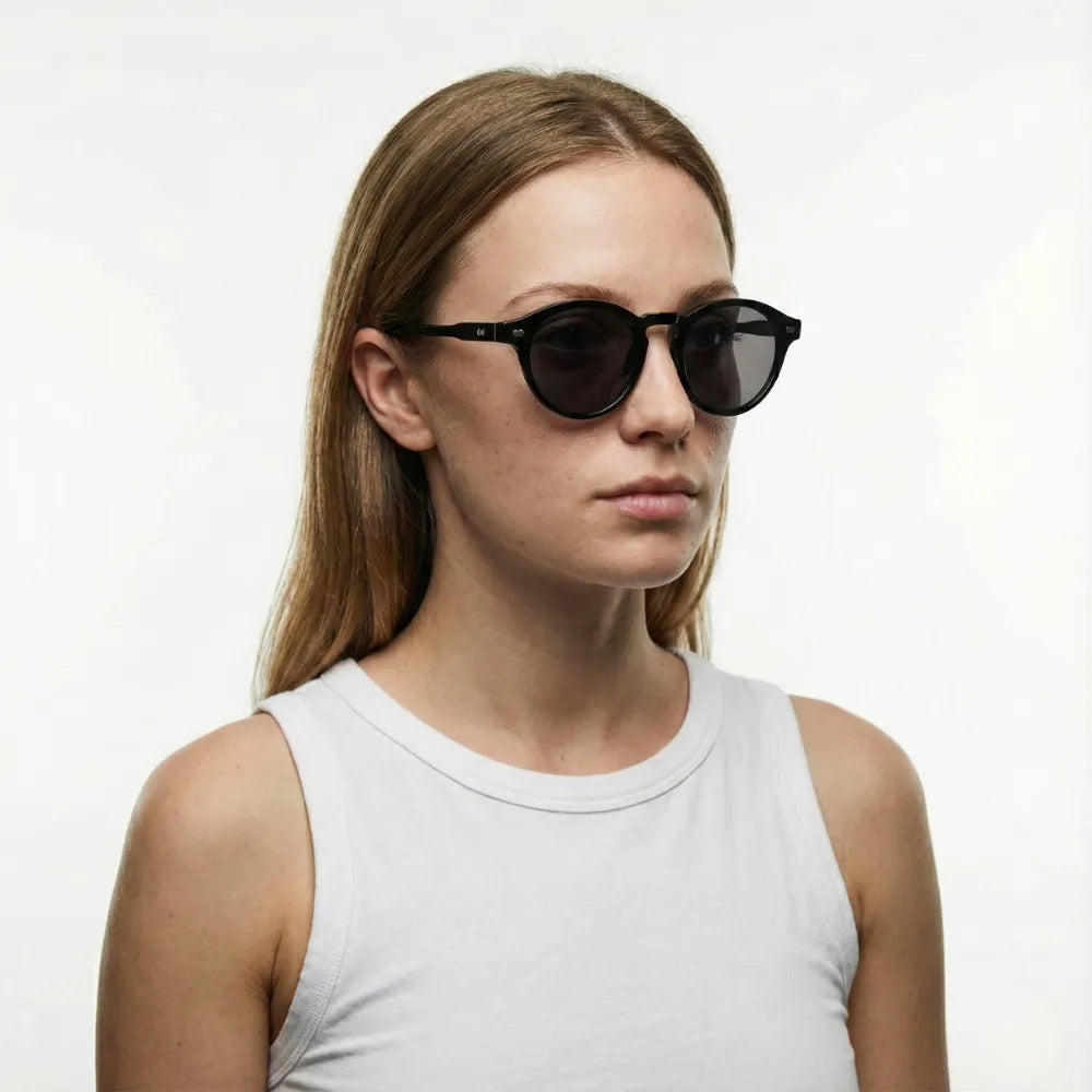 Round acetate sunglasses, close-up detail — HARO Bordighera Liguria