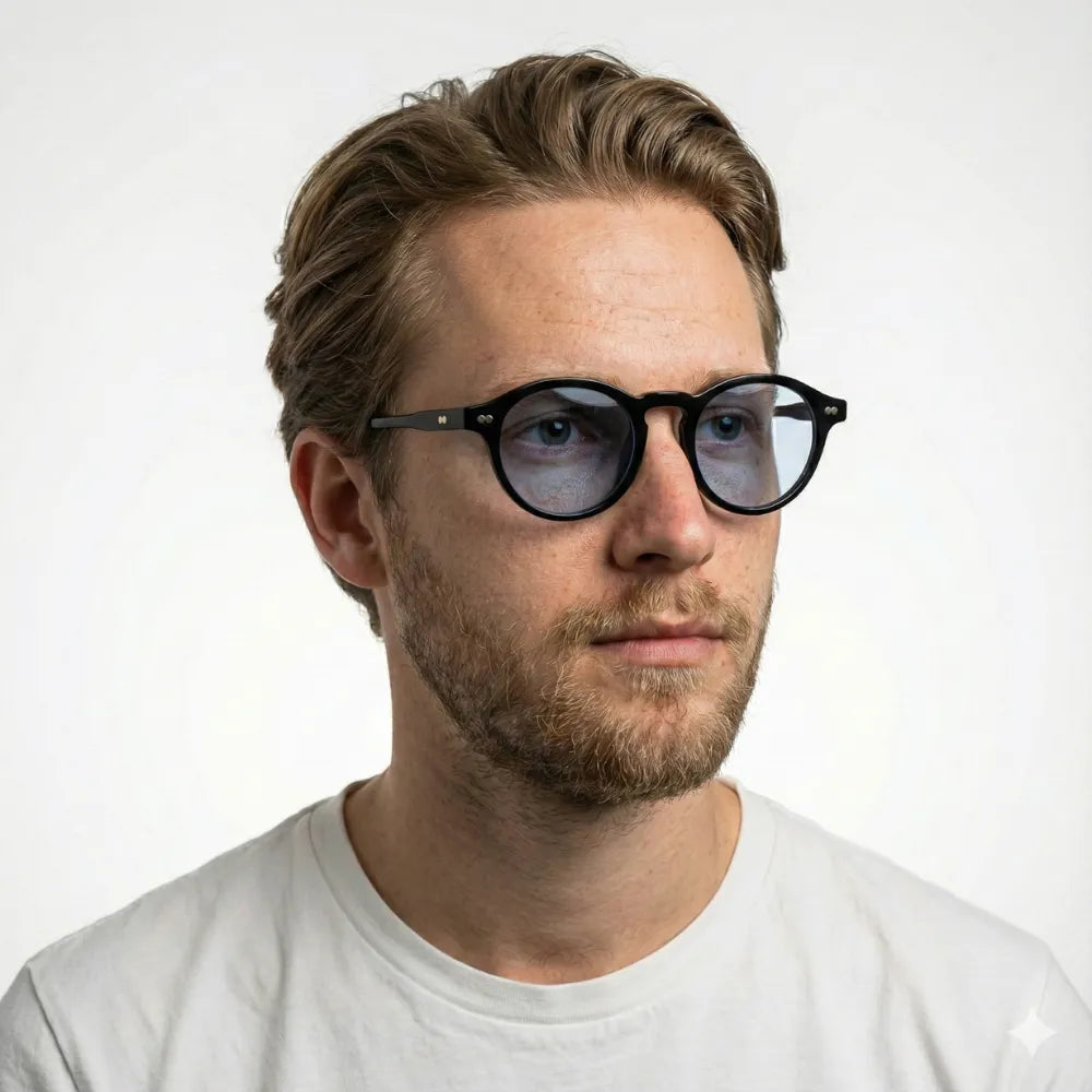 Round acetate sunglasses, model portrait — HARO Bordighera Liguria