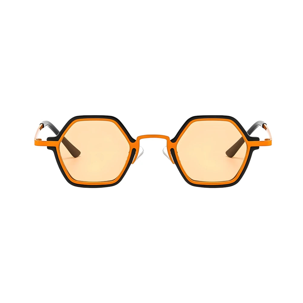 Small hexagonal sunglasses with black frame and orange polarized lenses, front view — HARO Cap-Ferrat 1925