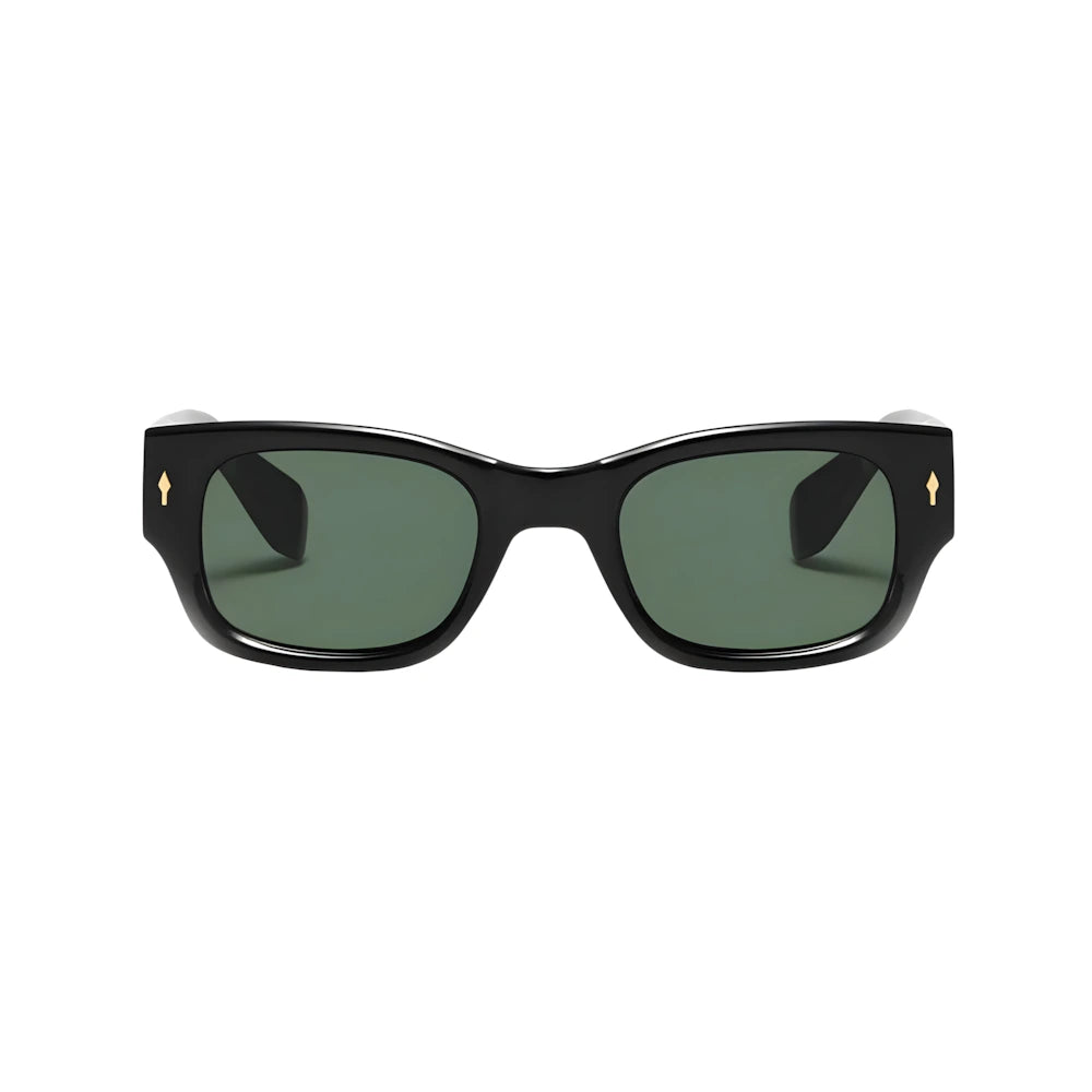Bold rectangular acetate sunglasses with black-tortoise frame and green polarized lenses, front view — HARO Cinque Terre Manarola