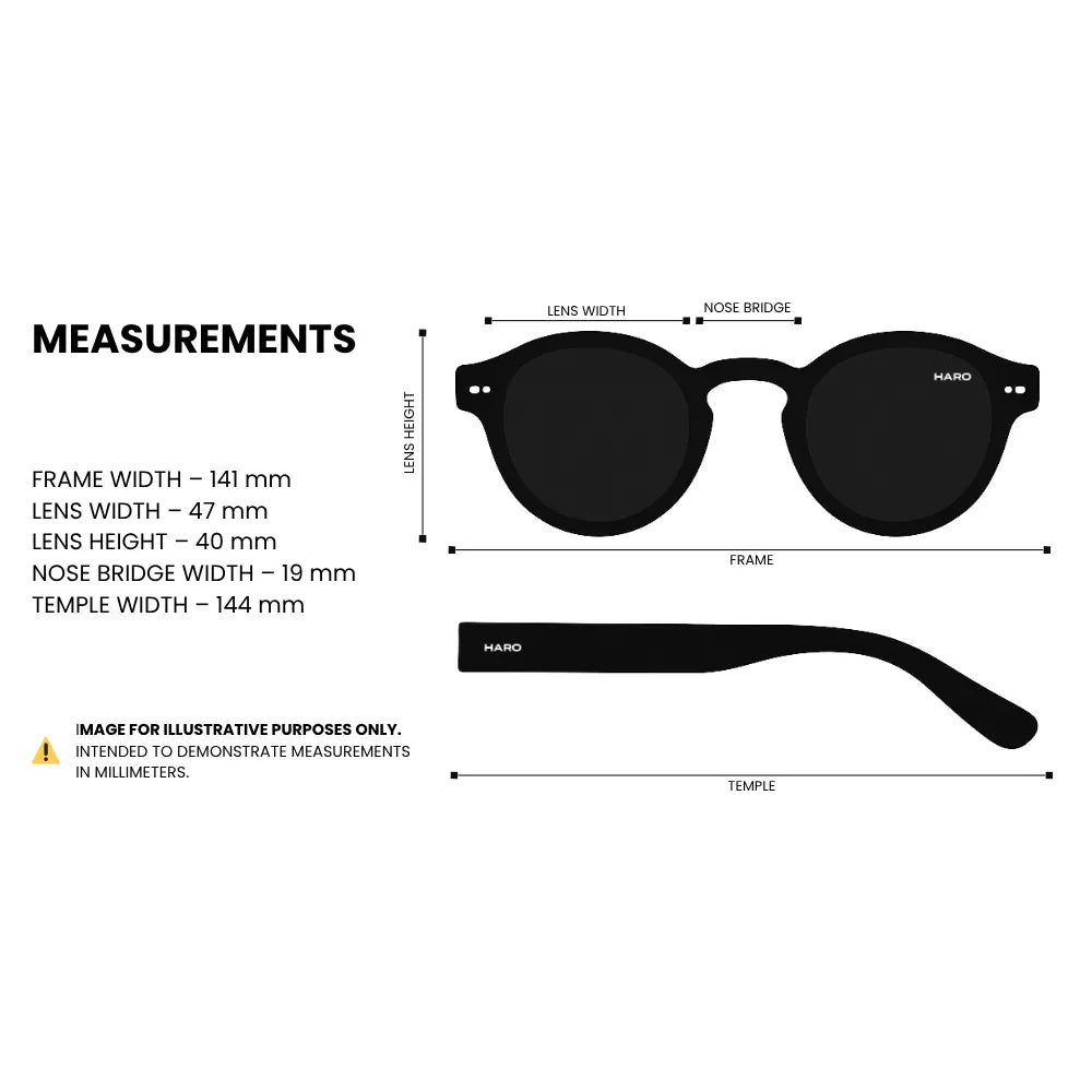 Rectangular acetate sunglasses measurements: frame width 141mm, lens width 47mm, lens height 40mm, nose bridge 19mm, temple length 144mm — HARO Côte d'Azur Menton
