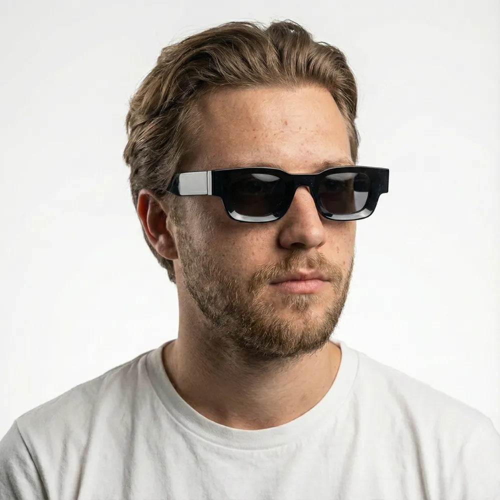 Rectangular acetate sunglasses, model portrait — HARO Côte d'Azur Menton