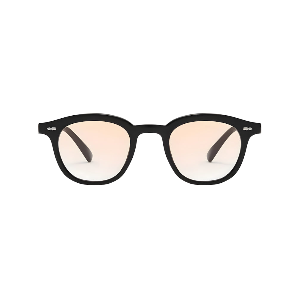 Classic round sunglasses with black frame and orange polarized lenses, front view — HARO Portofino 7PM