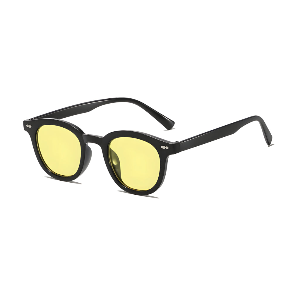 Round sunglasses with black frame and yellow lenses, side angle — HARO Portofino 7PM