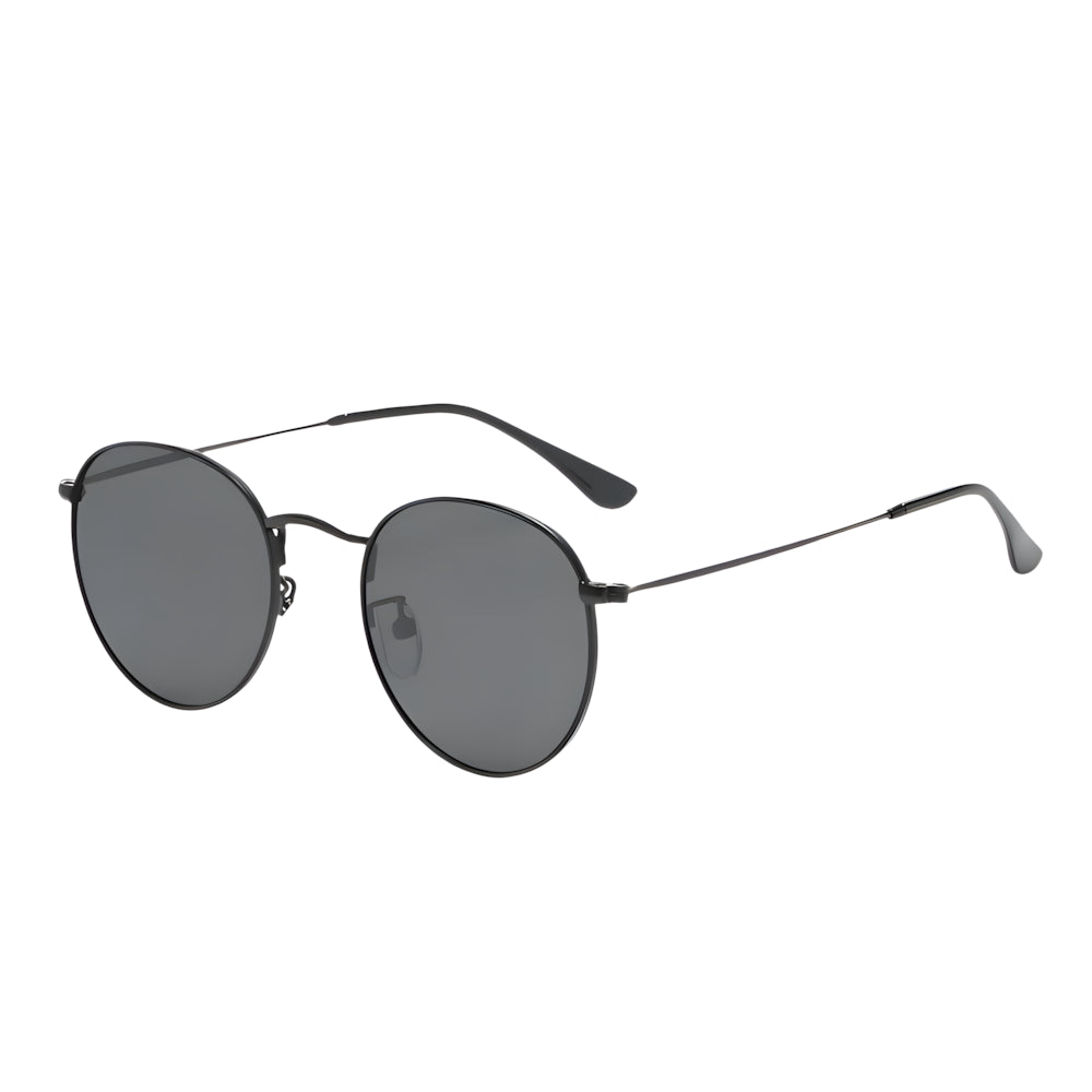 Round metal sunglasses with black frame and black lenses, side angle — HARO Portovenere 1952