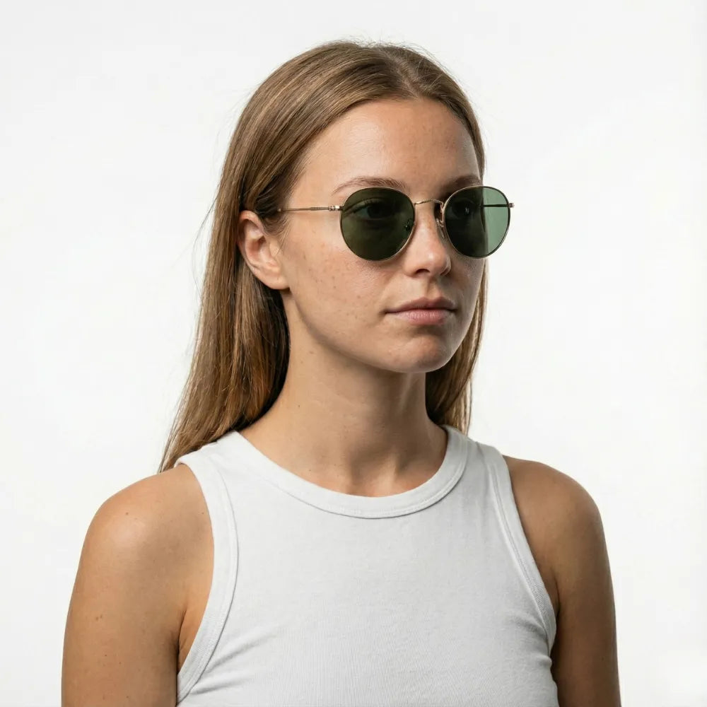 Thin round metal sunglasses, close-up detail — HARO Portovenere 1952