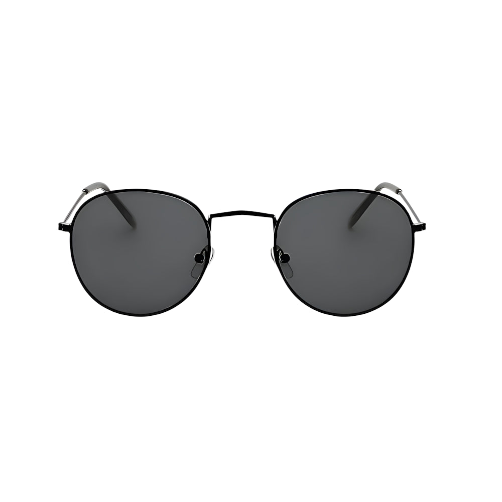Thin round metal sunglasses with black frame and black polarized lenses, front view — HARO Portovenere 1952