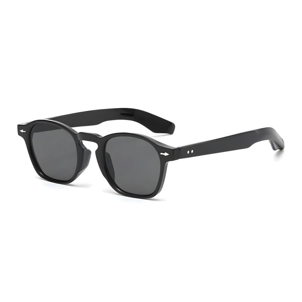 Square sunglasses with black frame and black lenses, side angle — HARO Riviera 1962