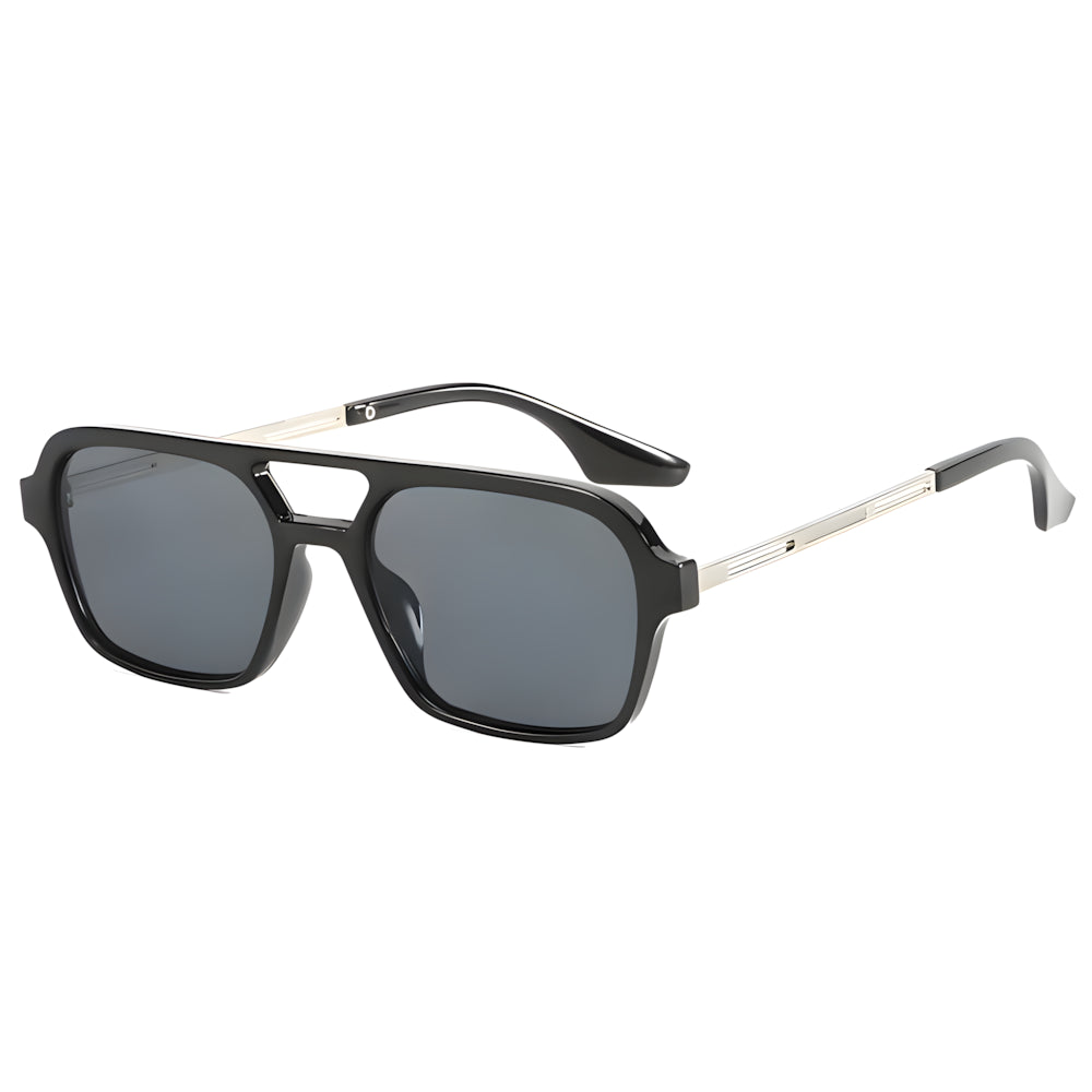 Square aviator sunglasses with black frame and black lenses, side angle — HARO Saint-Tropez Pampelonne