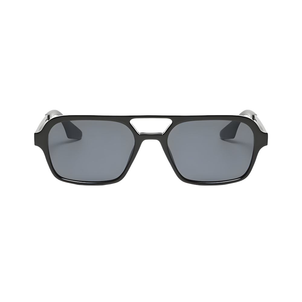 Square aviator sunglasses with black frame and black polarized lenses, front view — HARO Saint-Tropez Pampelonne