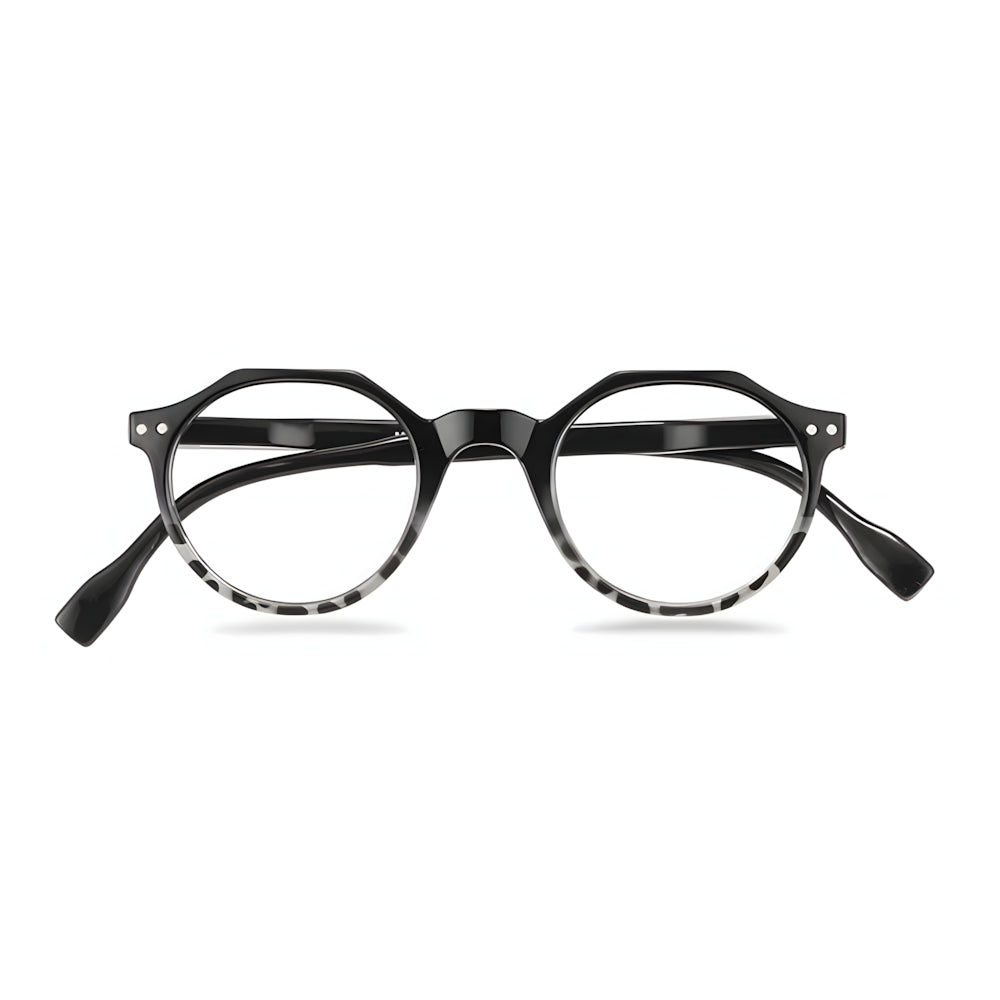 Round blue-light glasses with tortoise black/white frame, front view — HARO Sils Maria