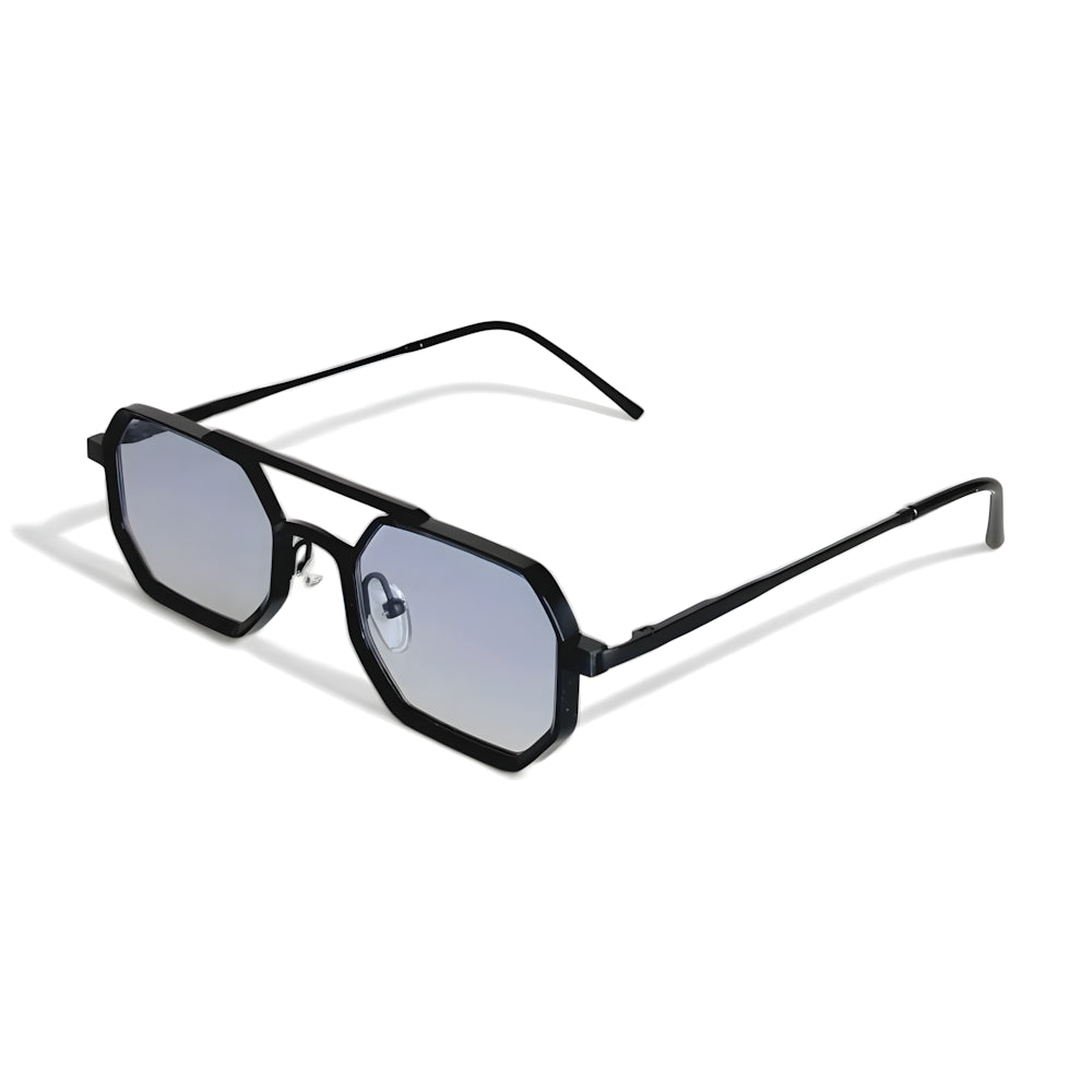 Hexagonal aviator sunglasses with black frame and blue lenses, side angle — HARO Sorrento Grand Tour